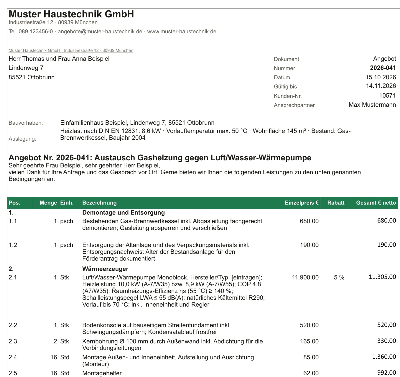 Ausschnitt einer Angebotsvorlage: Briefkopf, Bauvorhaben mit Heizlast und erste Positionen eines Wärmepumpen-Angebots